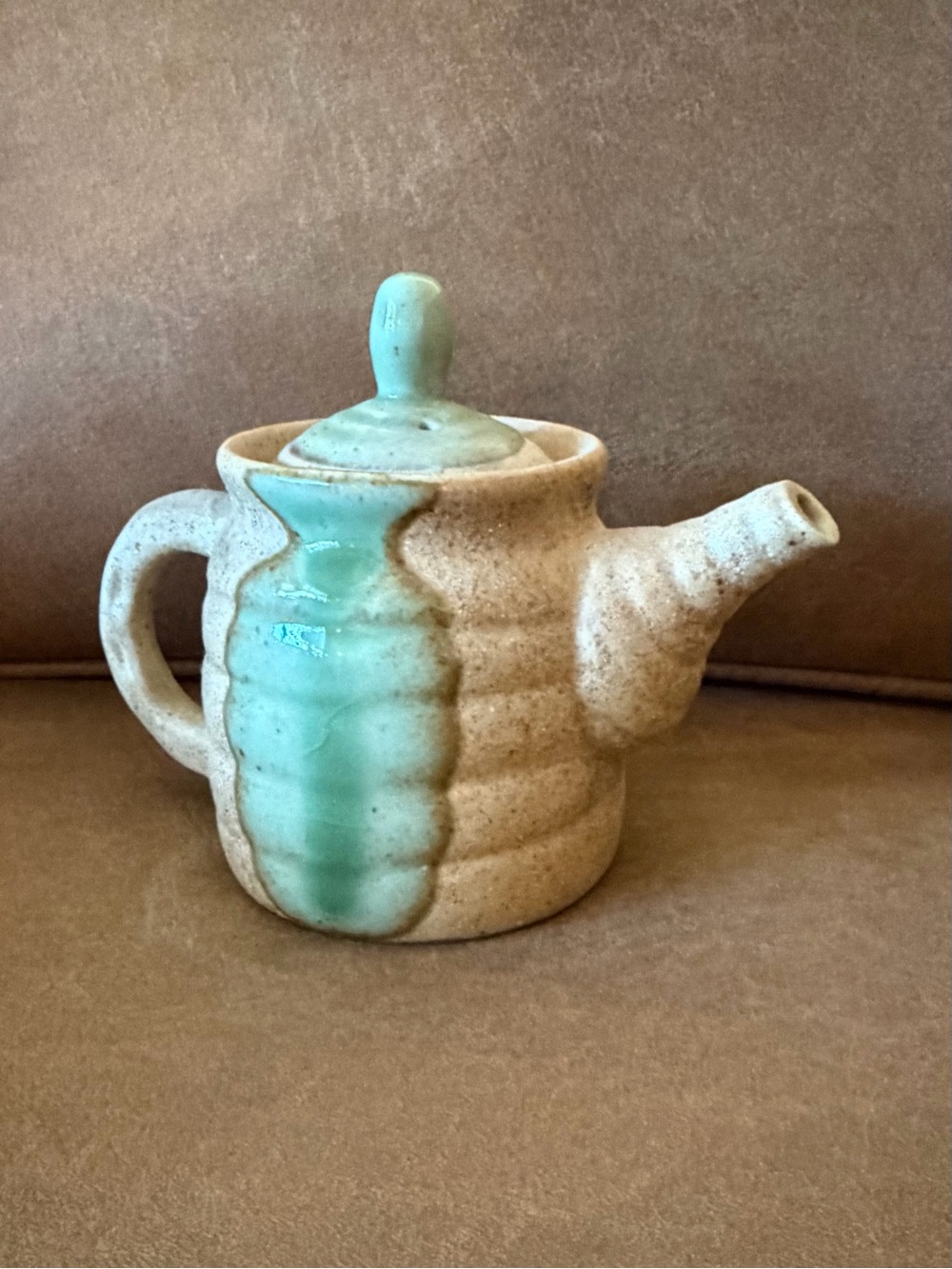 Stoneware artisan studio pottery, 1970s style sea foam green drip glaze